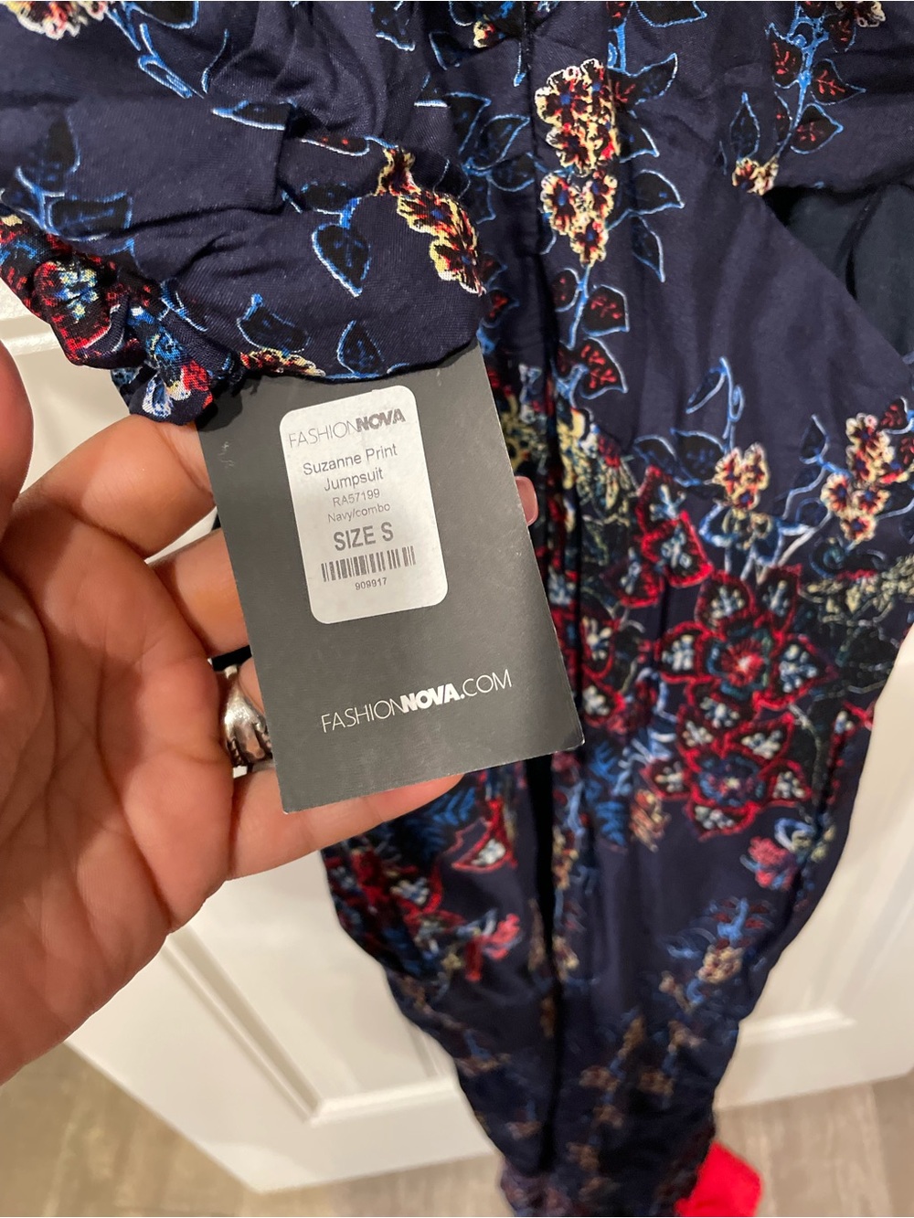 Fashion Nova Navy Floral Off-Shoulder Jumpsuit with Red Accent - Picture 5 of 6